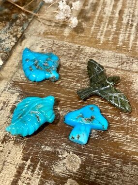 4 Small Stone Carvings Leaves Mushroom & Bird Green and Turquoise Colored